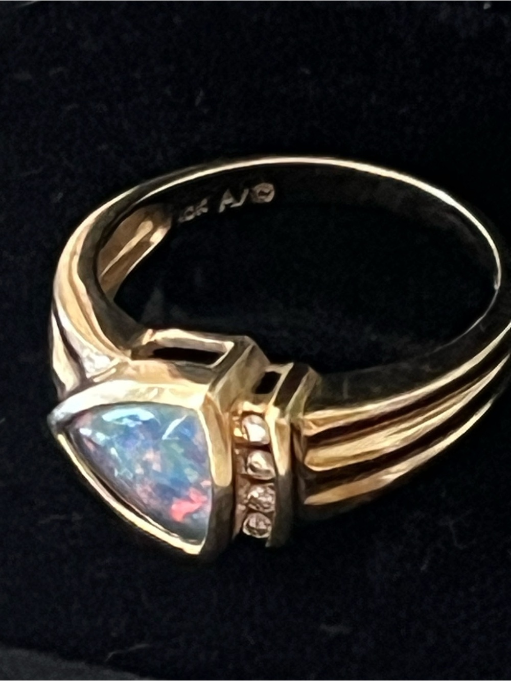 Gold Opal Trillion Ring with Accent Stones